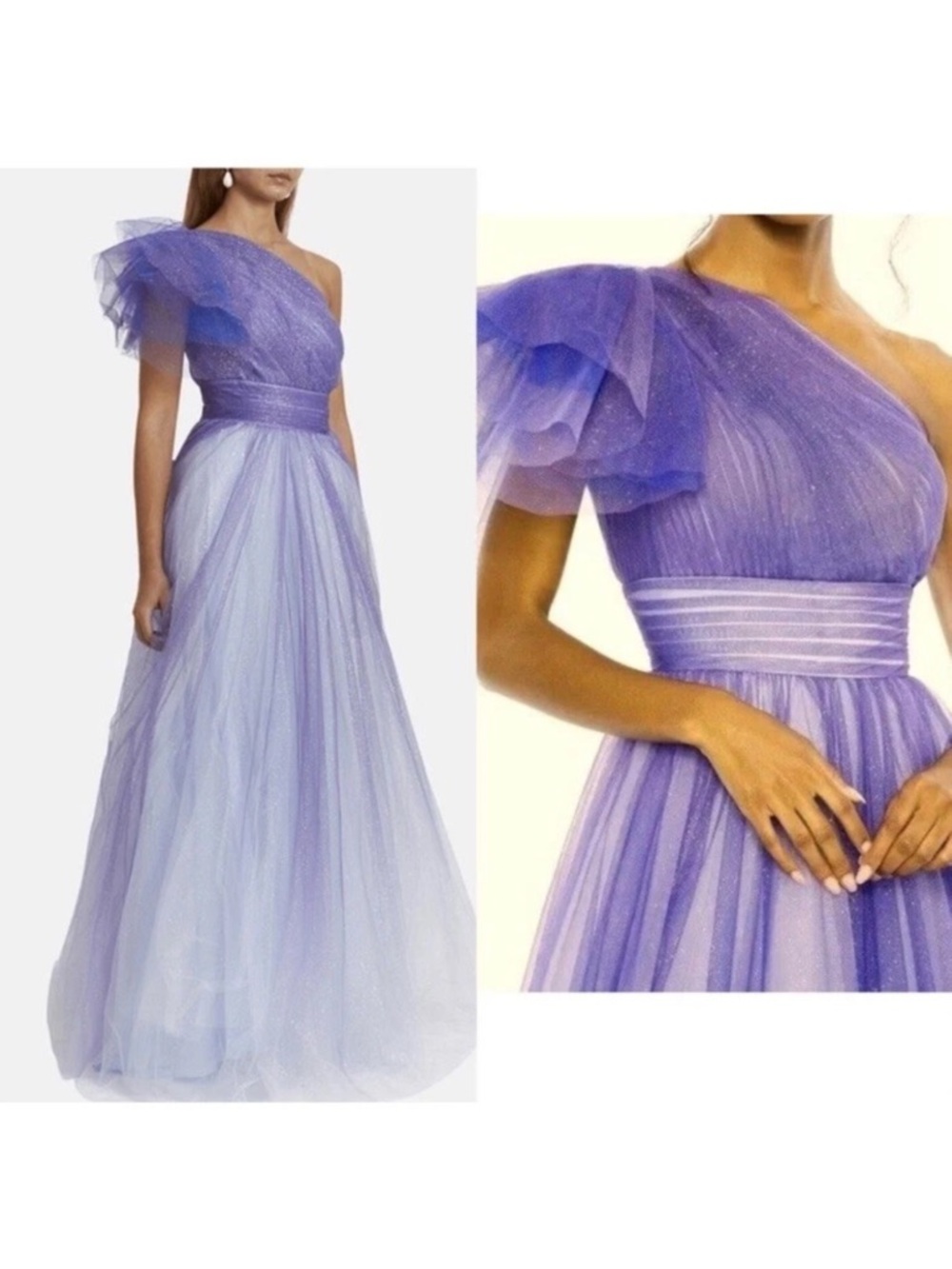 Mac Duggal Lavender Ombré Glitter One-Shoulder Tulle Evening Ball Gown Size 12 - Picture 3 of 11